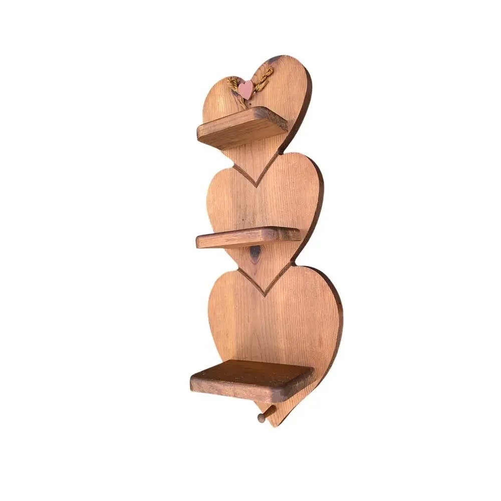 Wooden Shelf 3 Tier Heart Shaped Vintage Wall Shelf w/ Peg Country Farmhouse